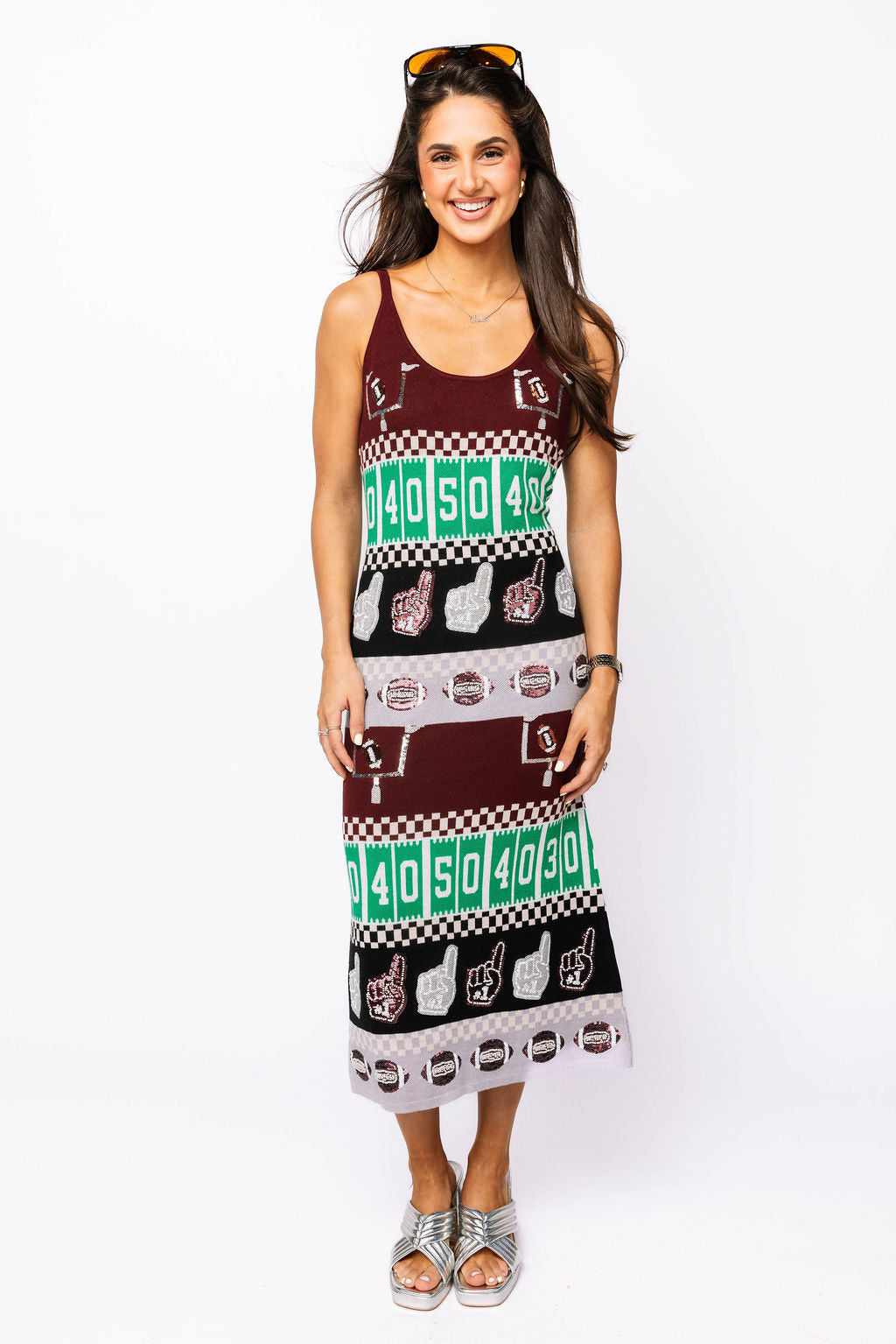 SAMPLE - Maroon & Grey Colorblock Football Icon Knit Midi Dress