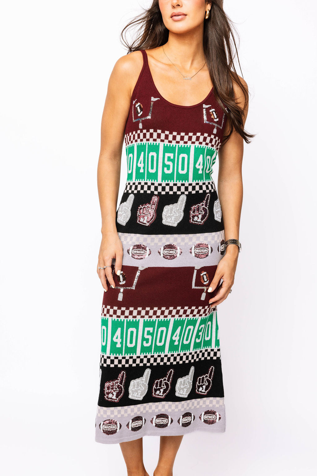SAMPLE - Maroon & Grey Colorblock Football Icon Knit Midi Dress