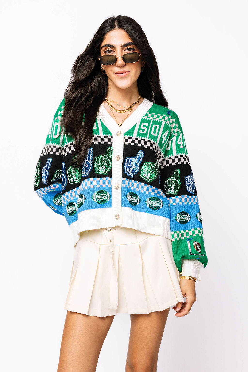 SAMPLE - Powder Blue & Green Colorblock Football Icon Cardigan