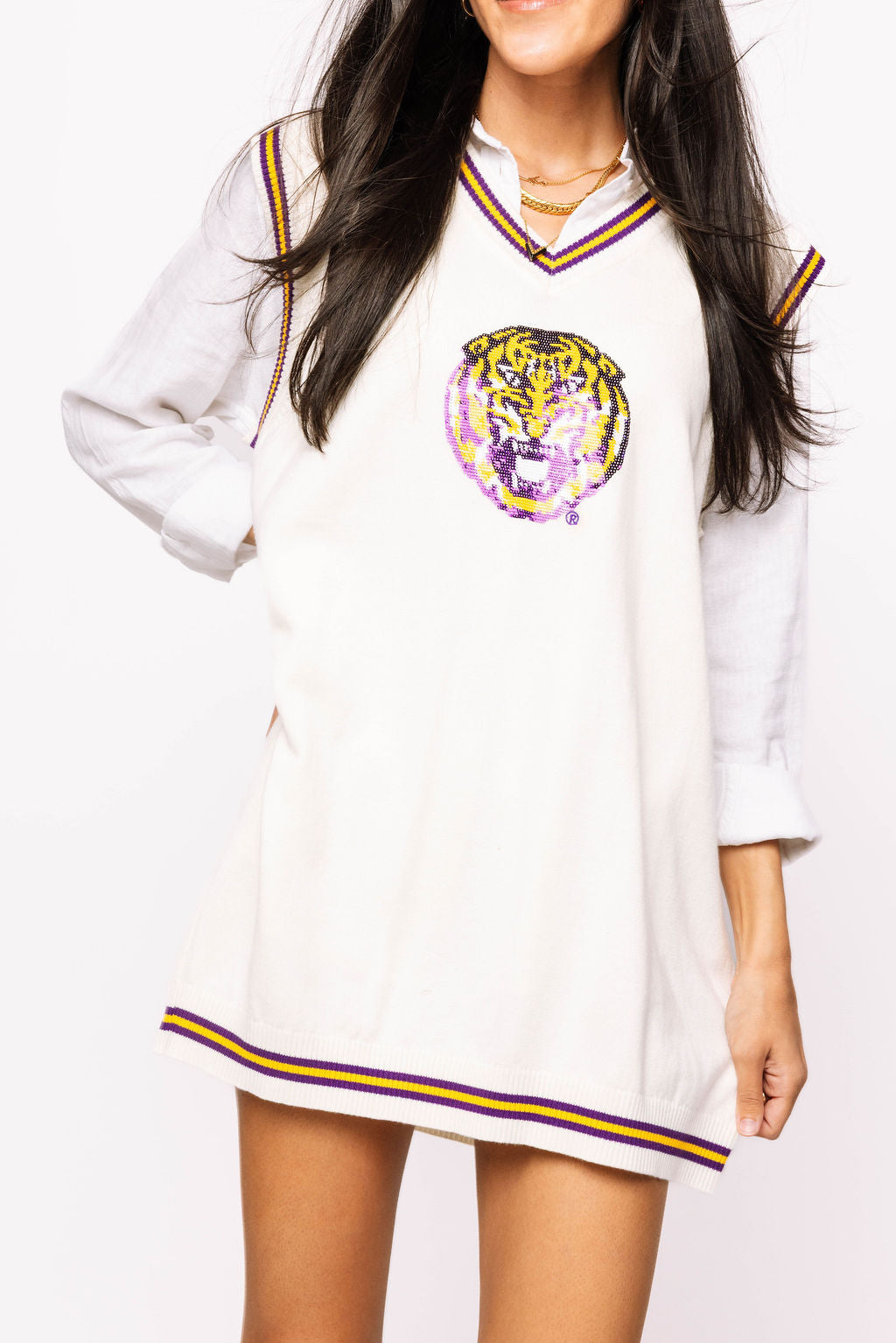 Licensed Sample -LSU V Neck Striped Cuff Sweater Vest Dress
