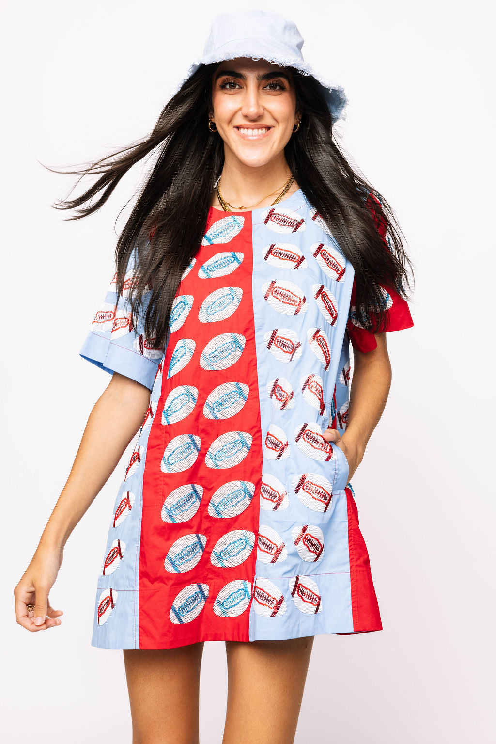 SAMPLE - Red & Powder Blue Colorblock Football SS Dress – Queen of Sparkles