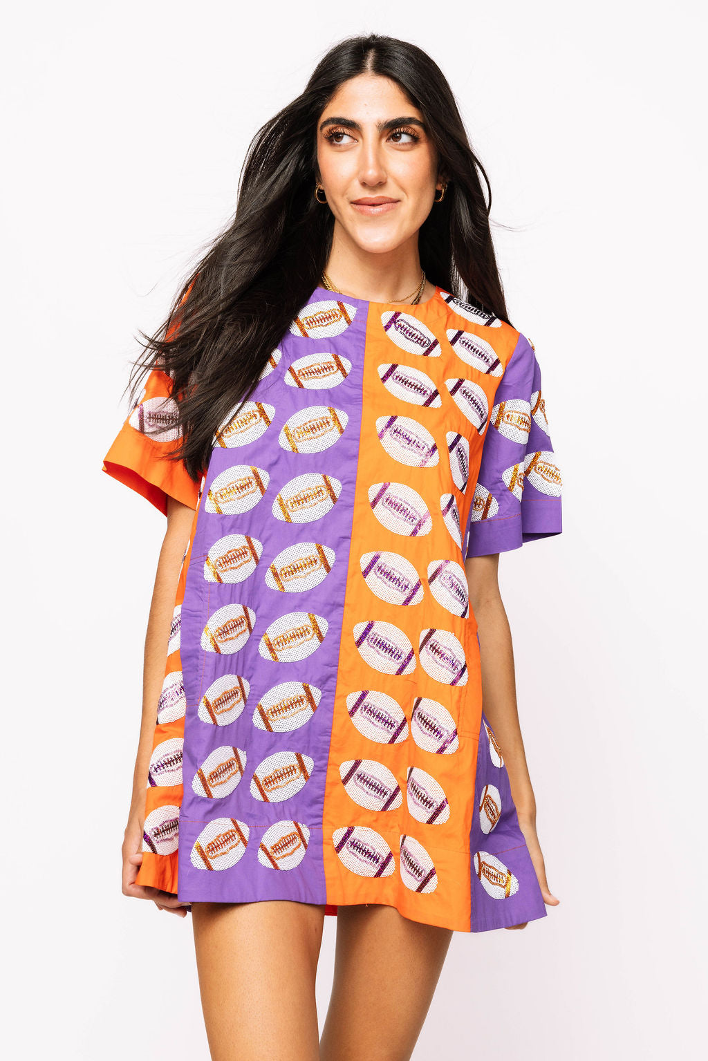SAMPLE-Purple & Orange Colorblock Football SS Dress