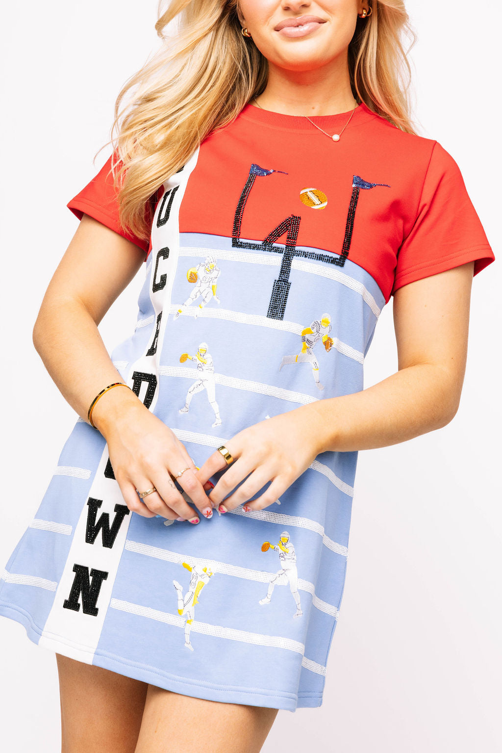 SAMPLE - Red & Powder Blue Touchdown Football Field Tee Dress