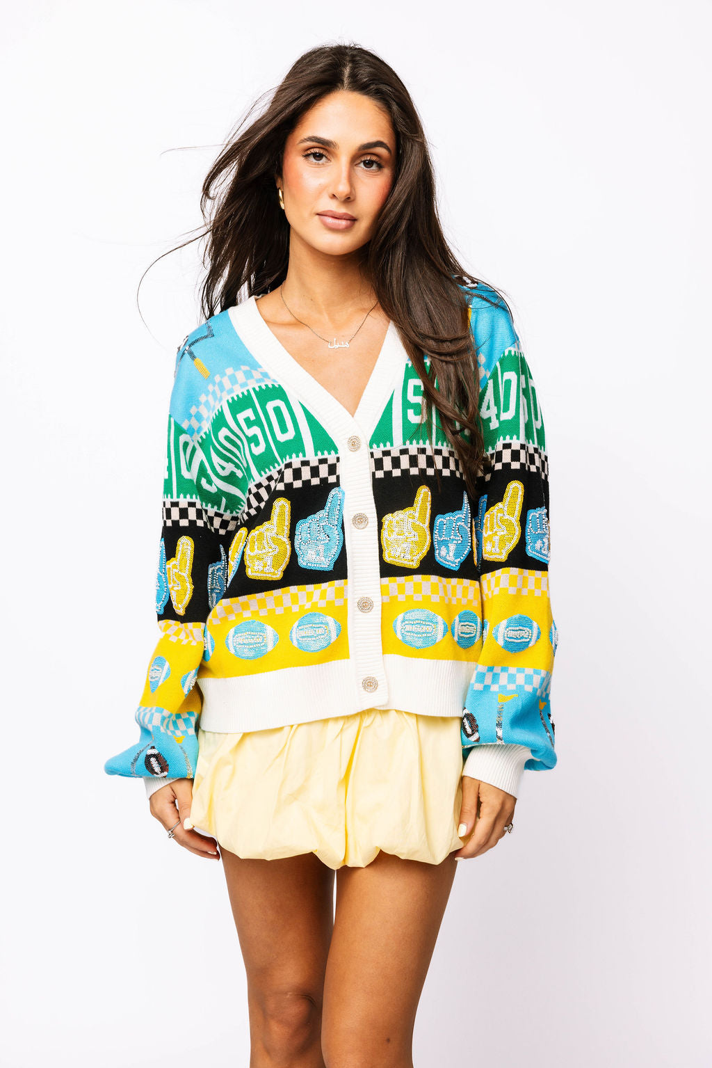 SAMPLE - Powder Blue & Yellow Colorblock Football Icon Cardigan