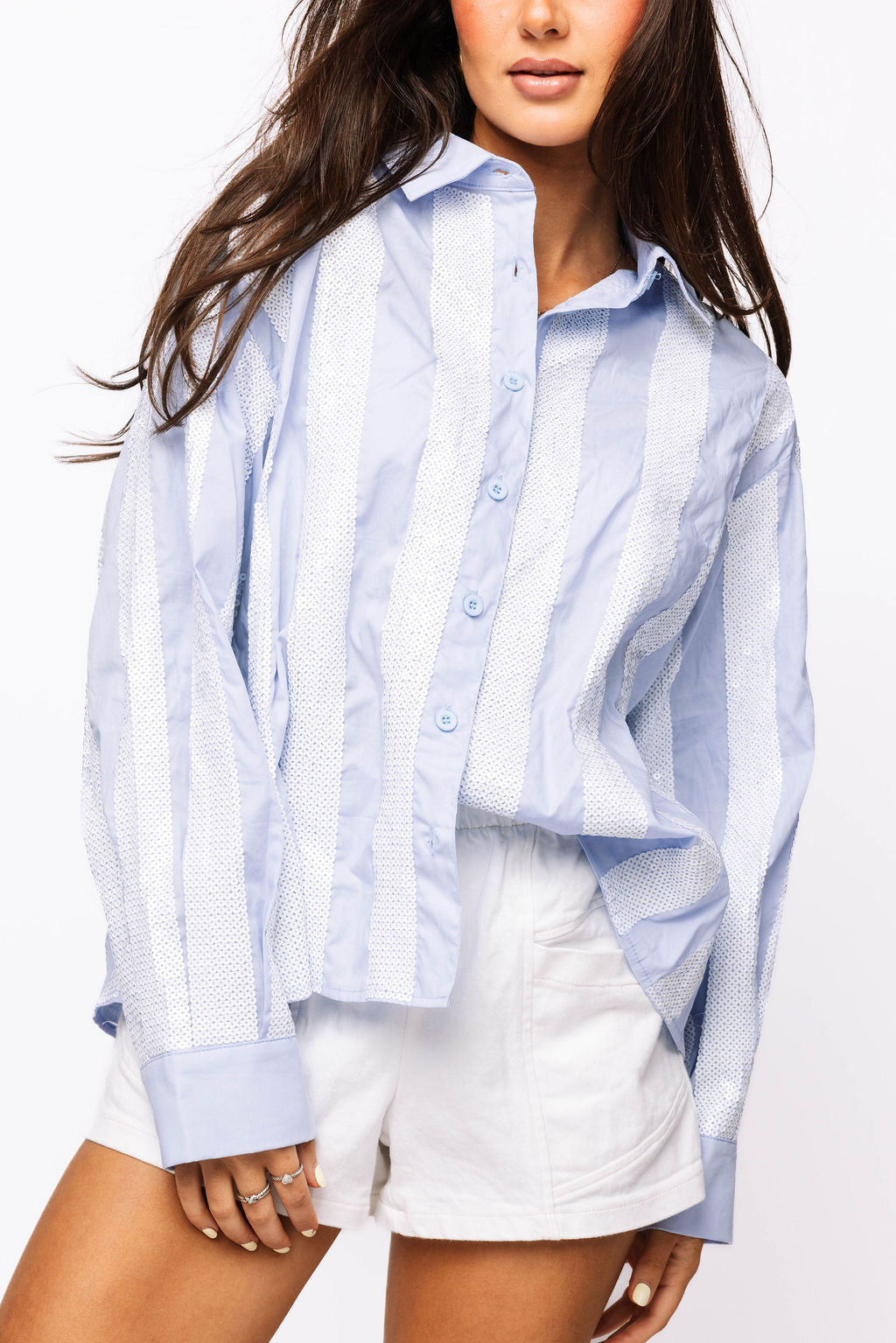 SAMPLE -  Light Blue & White Sequin Striped LS Button Down