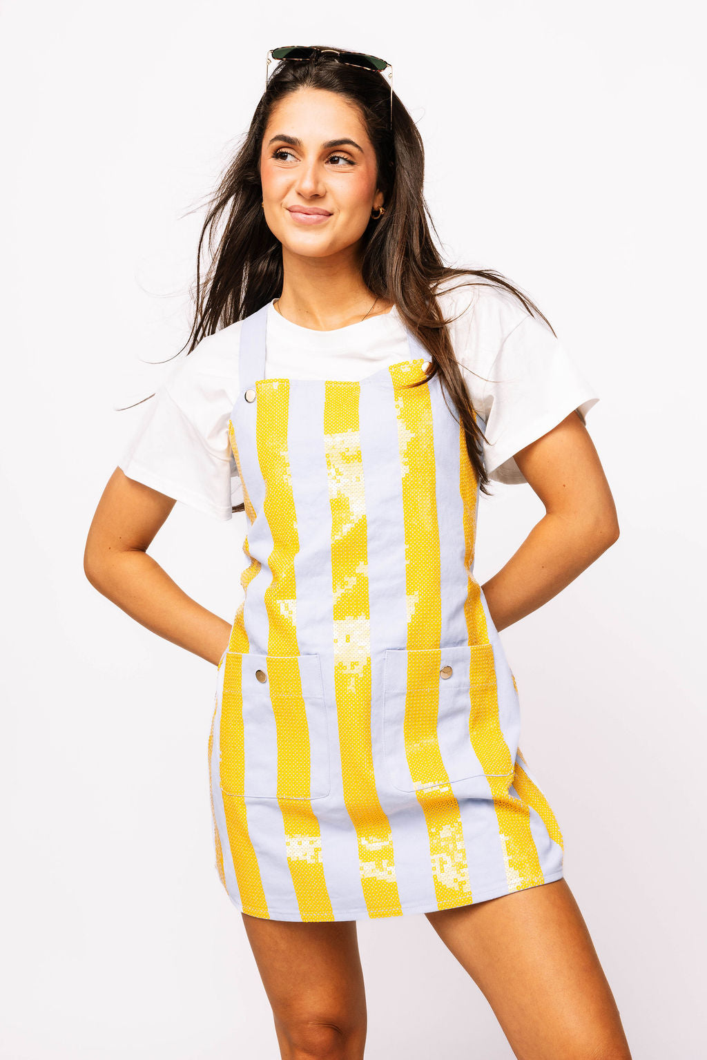 SAMPLE - Powder Blue & Yellow Sequin Striped Overall Dress