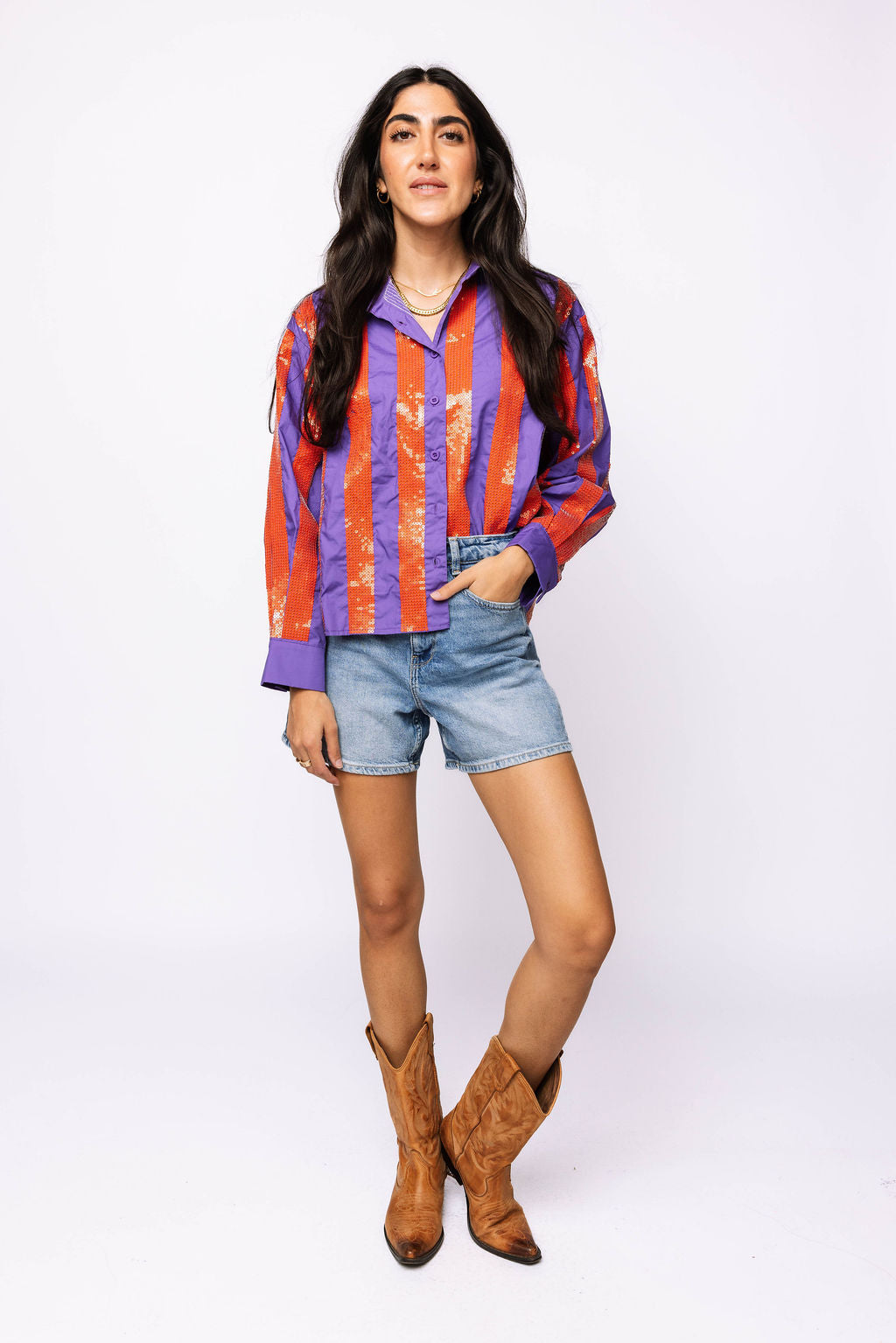 SAMPLE -  Purple & Orange Sequin Striped LS Button Down