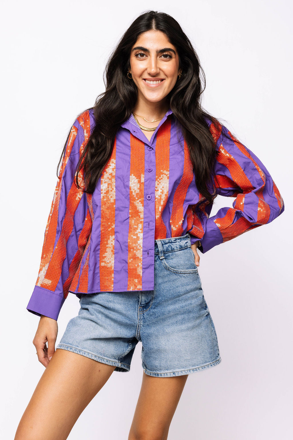 SAMPLE -  Purple & Orange Sequin Striped LS Button Down