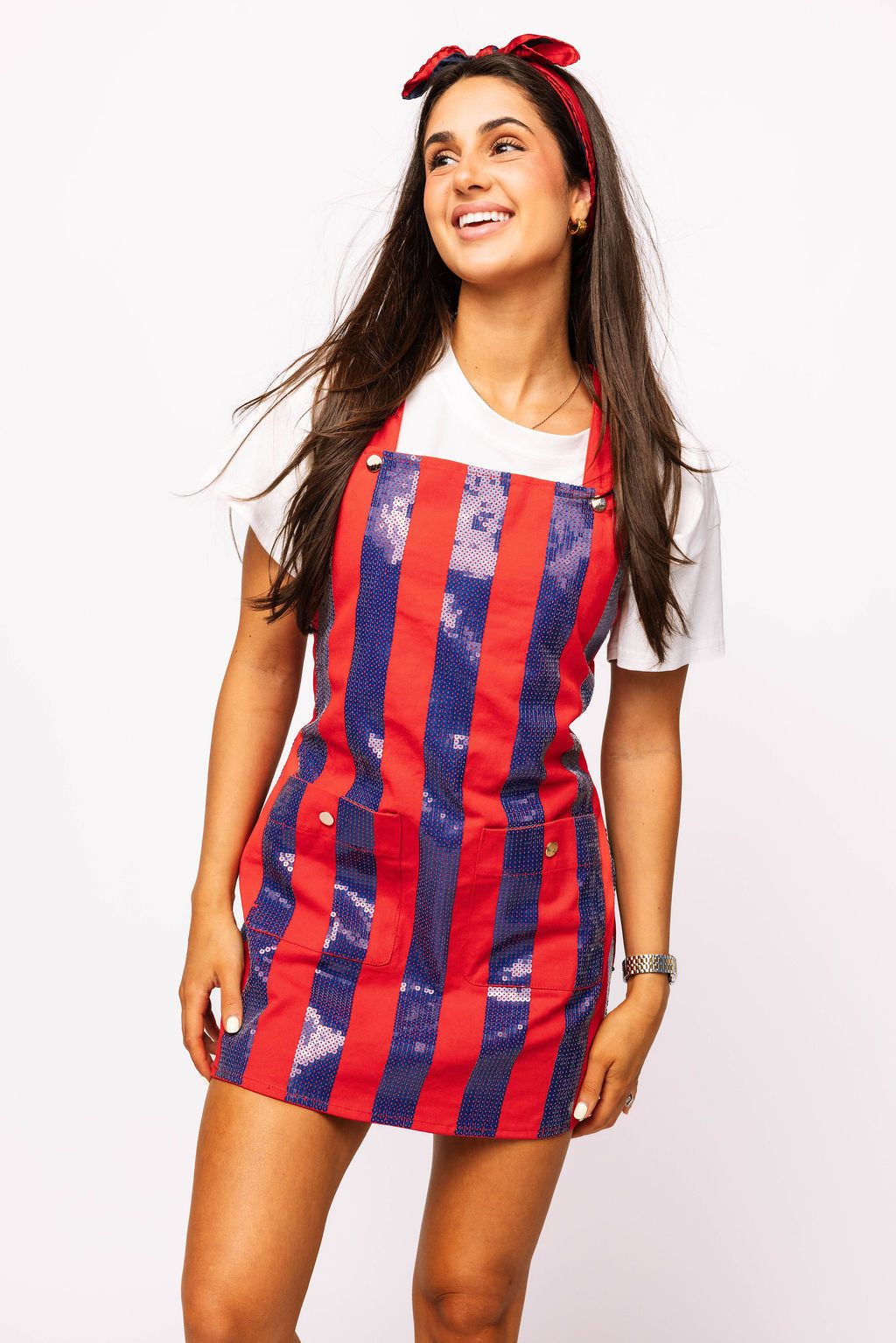 SAMPLE - Navy & Red Sequin Striped Overall Dress