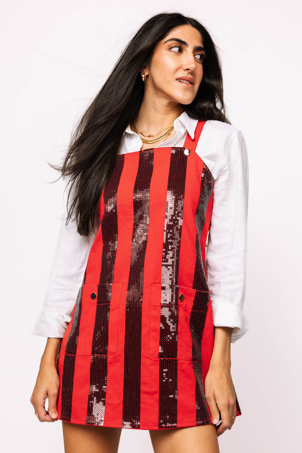 SAMPLE - Red & Black Sequin Striped Overall Dress