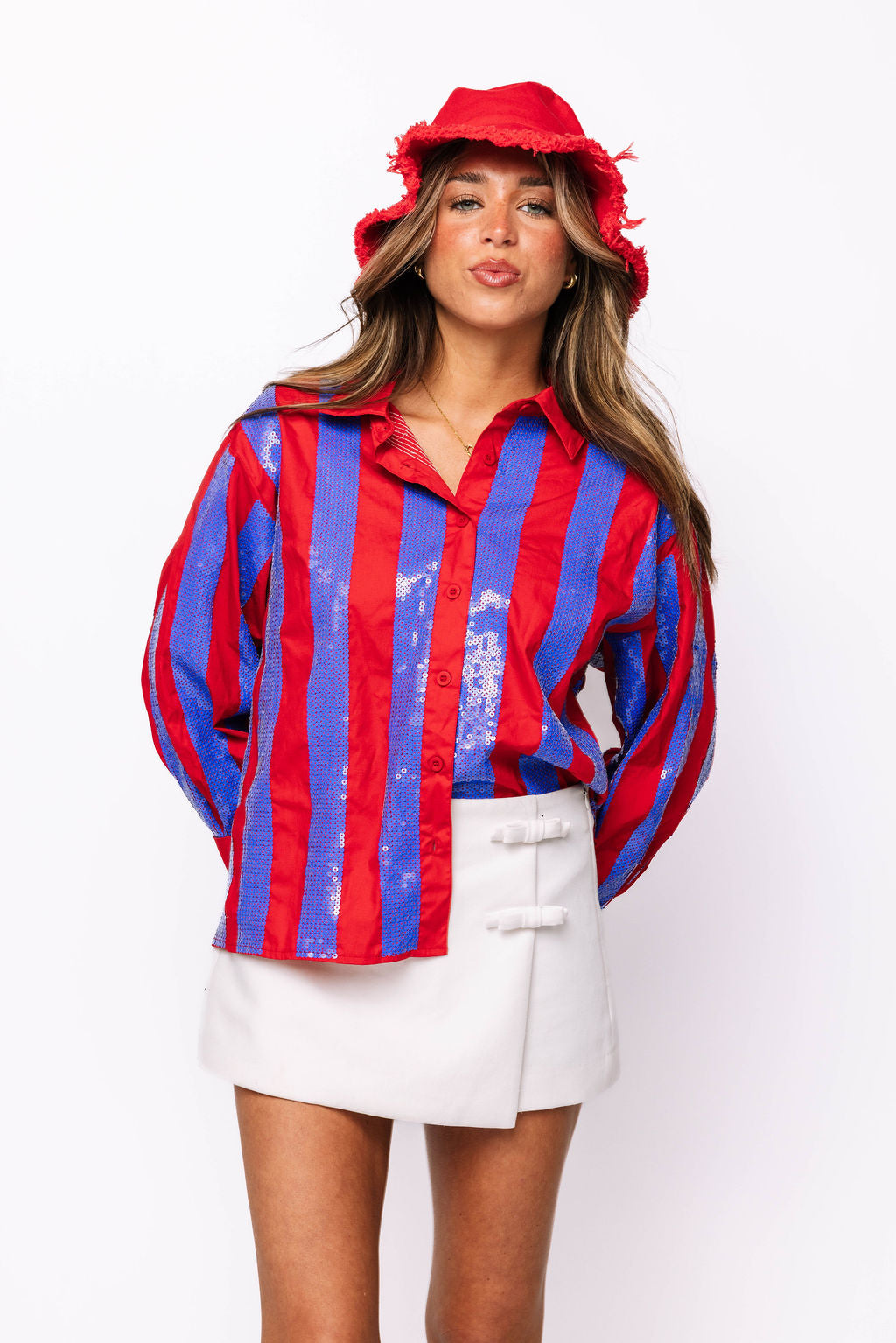 SAMPLE -  Royal & Red Sequin Striped LS Button Down