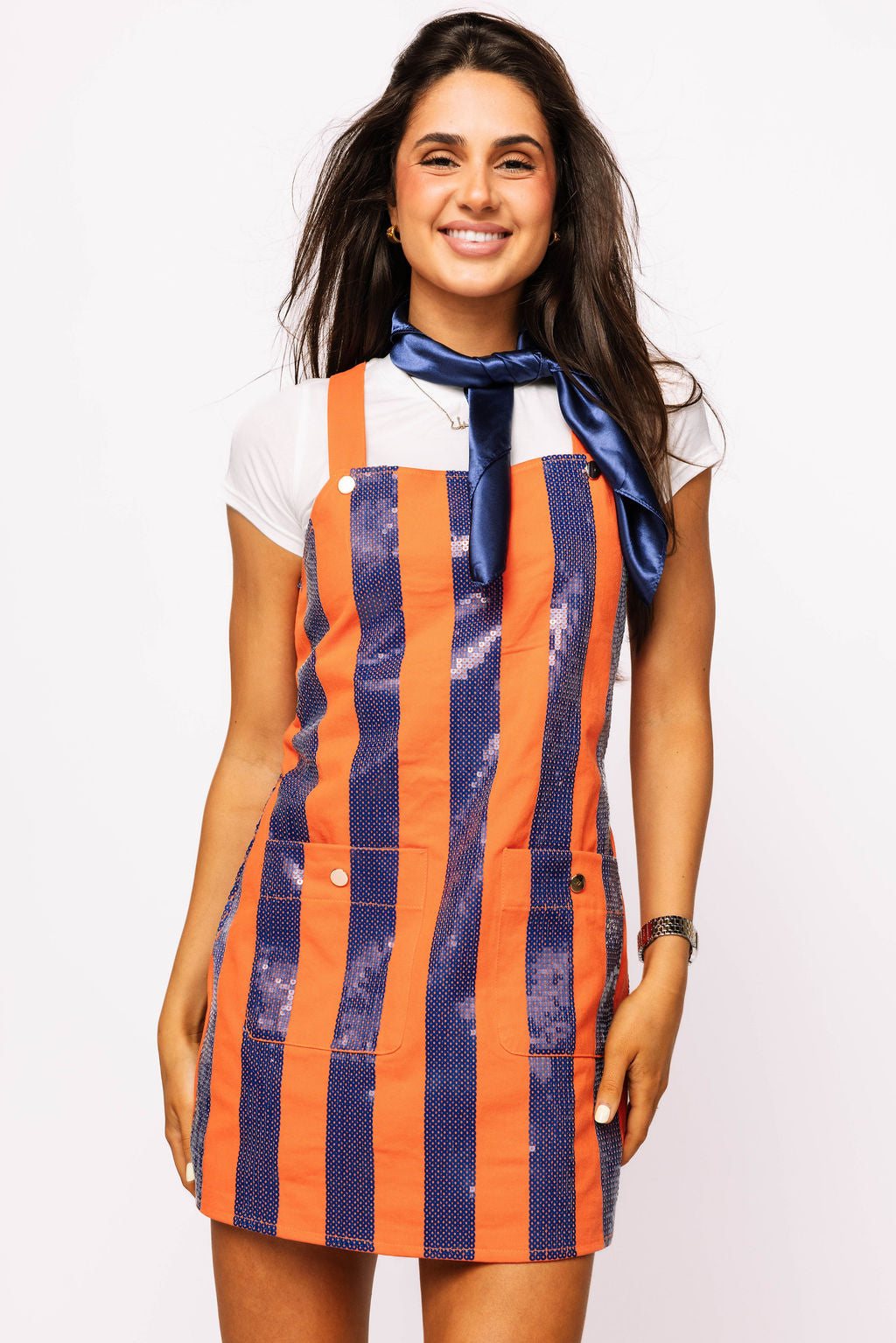 SAMPLE Orange & Navy Sequin Striped Overall Dress Queen of Sparkles SAMPLE Orange & Navy Sequin Striped Overall Dress Queen of Sparkles