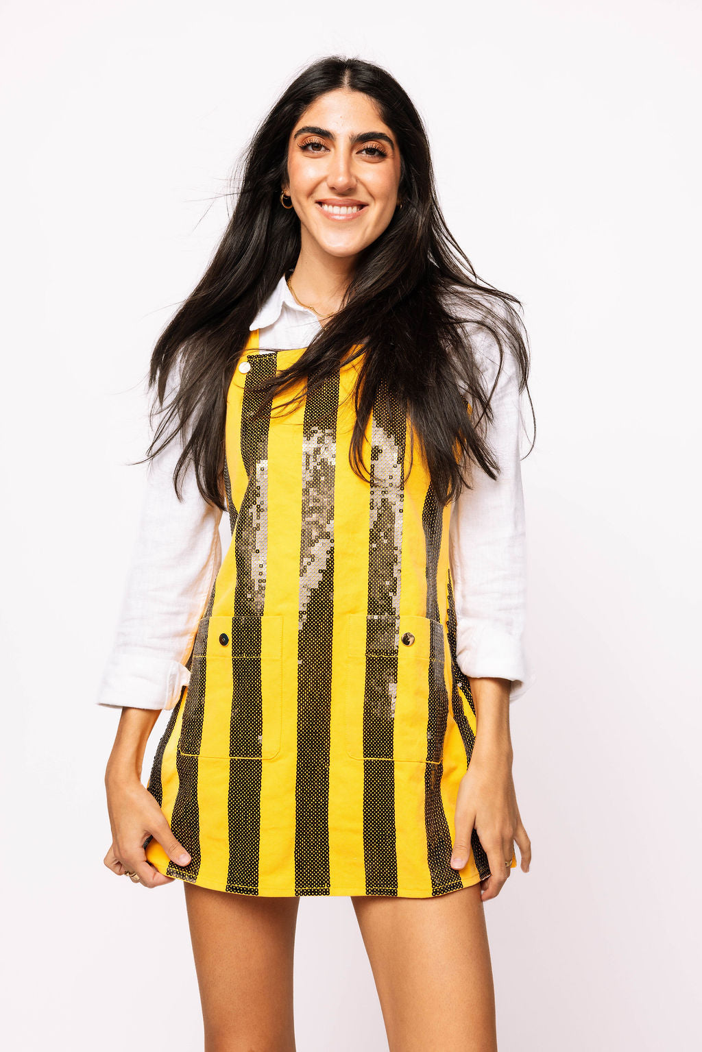 SAMPLE - Black & Yellow Sequin Striped Overall Dress