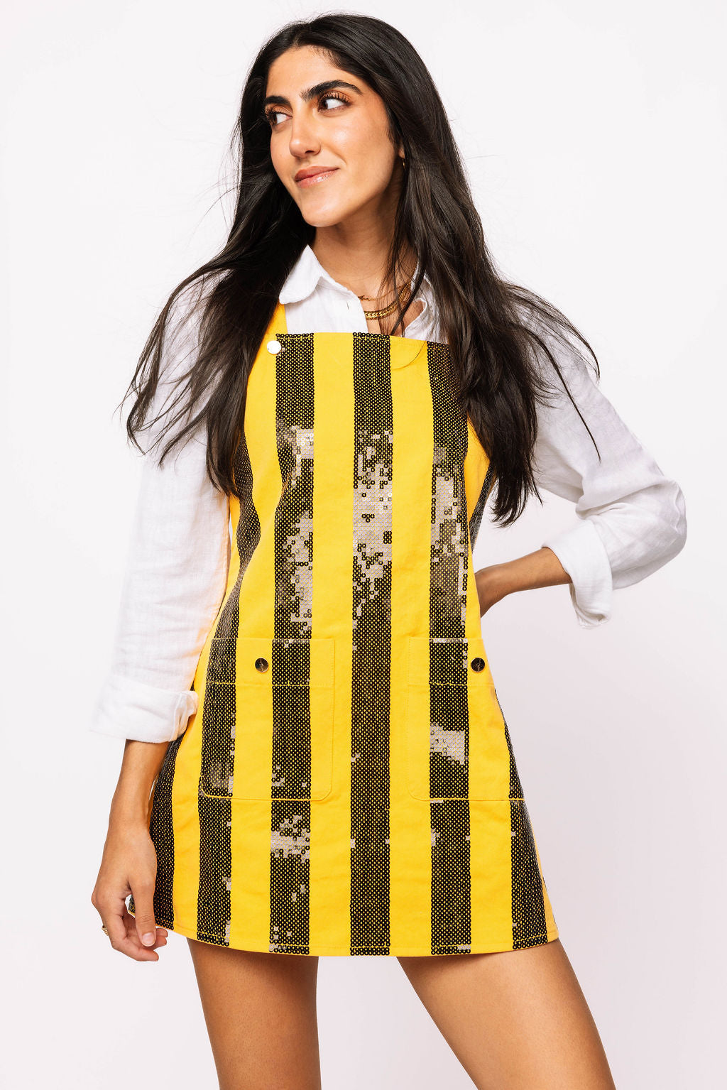 SAMPLE - Black & Yellow Sequin Striped Overall Dress