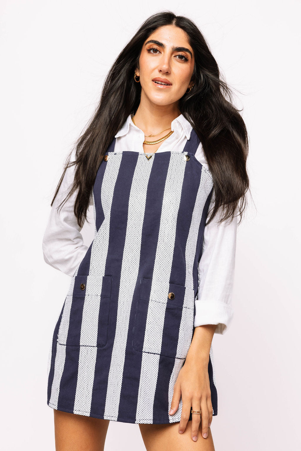 SAMPLE - Navy & White Sequin Striped Overall Dress