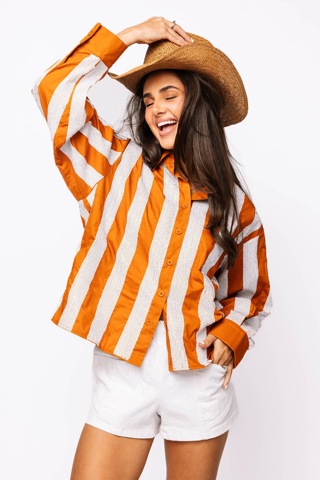 SAMPLE - Burnt Orange & White Sequin Striped LS Button Down