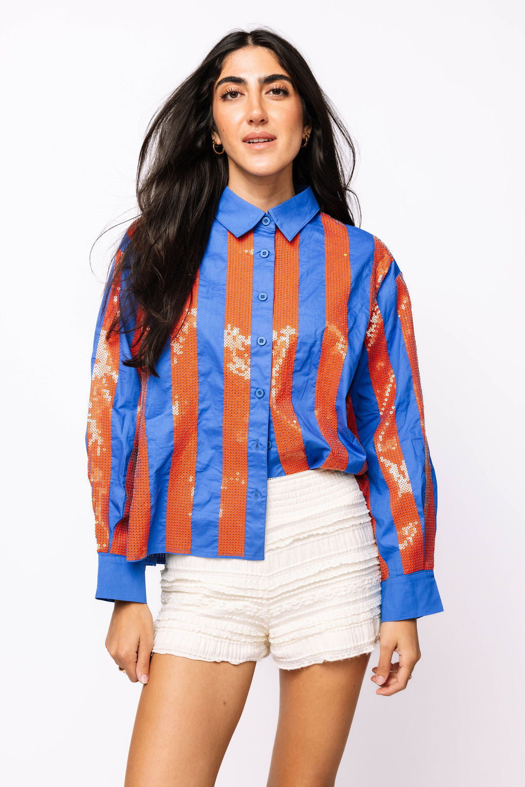 SAMPLE - Royal & Orange Sequin Striped LS Button Down