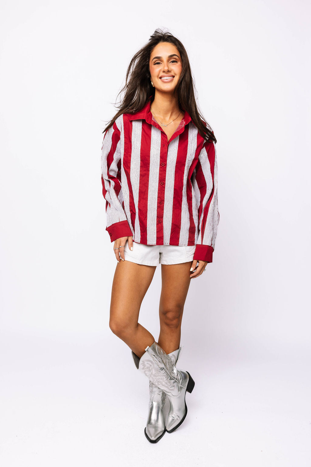 SAMPLE - Crimson & White Sequin Striped LS Button Down