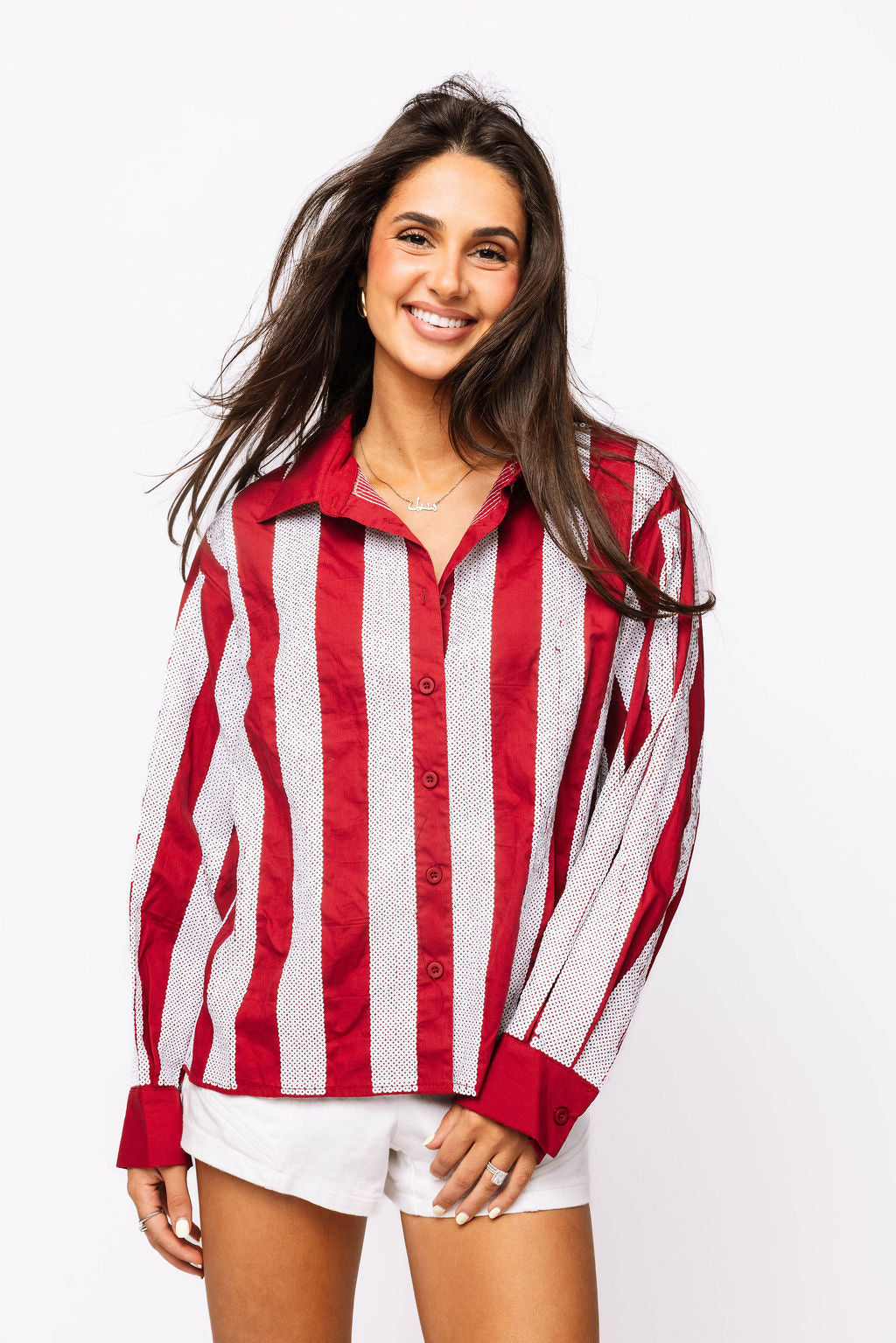 SAMPLE - Crimson & White Sequin Striped LS Button Down