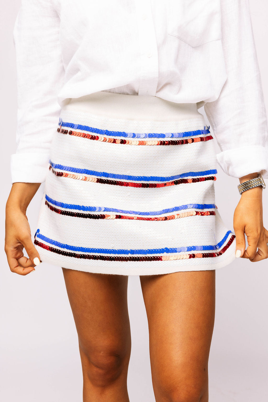 SAMPLE - White, Royal & Red Full Sequin Skinny Stripe Skirt