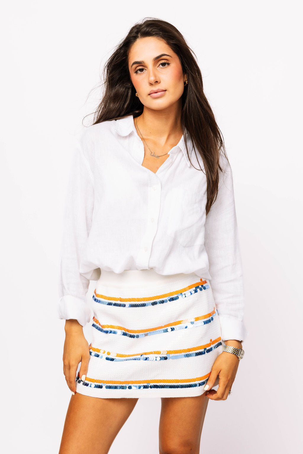 SAMPLE - White, Royal & Orange Full Sequin Skinny Stripe Skirt