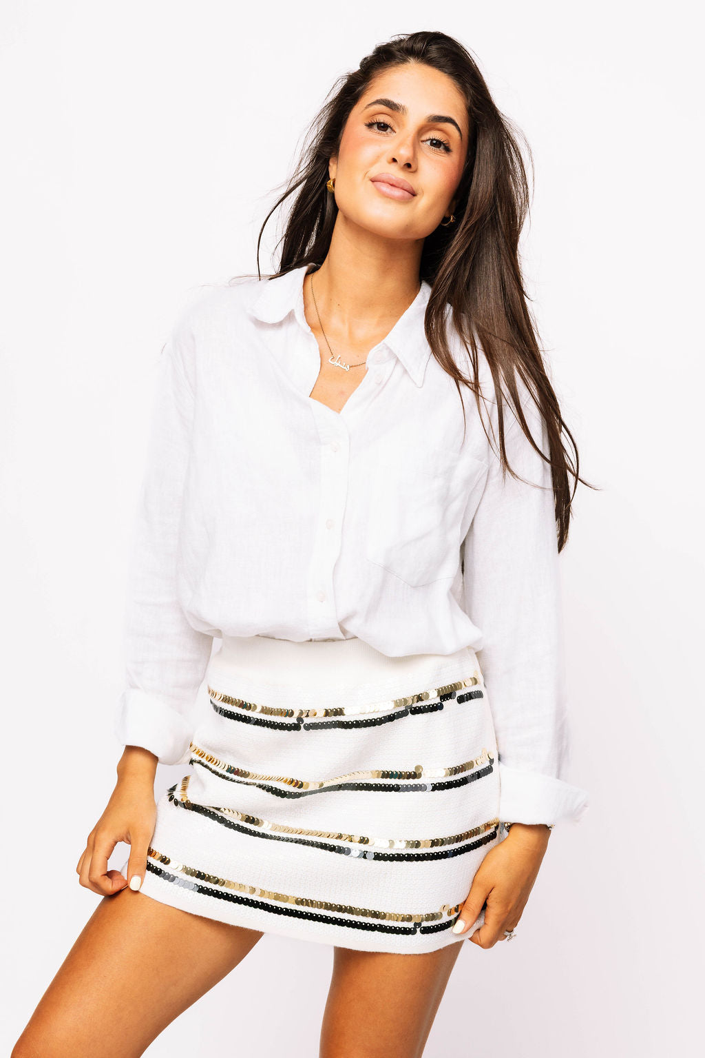 SAMPLE - White, Black & Gold Full Sequin Skinny Stripe Skirt