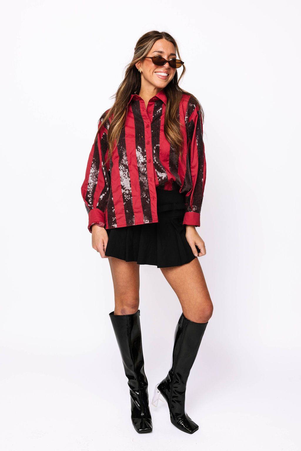 SAMPLE - Garnet & Black Sequin Striped LS Button Down