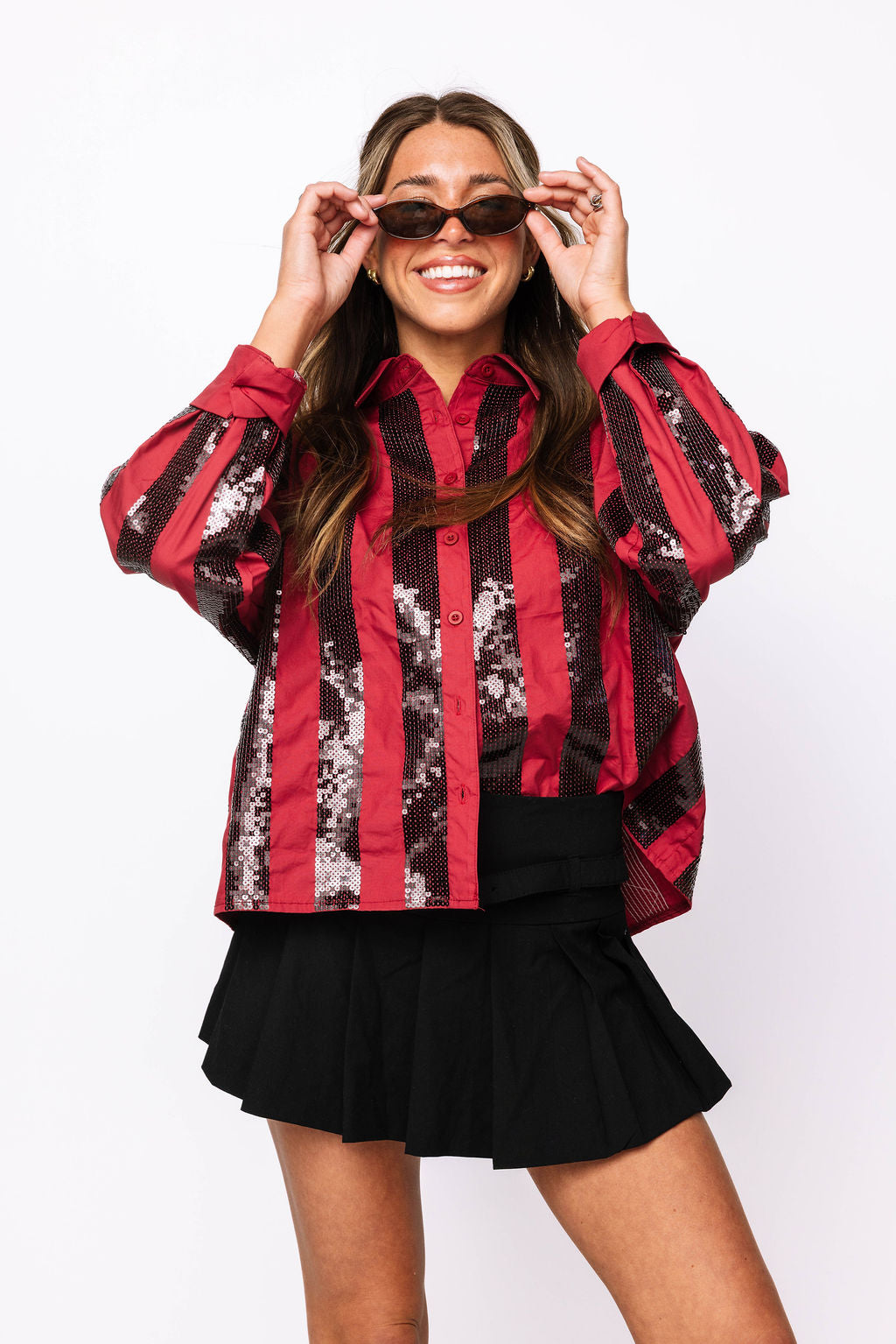 SAMPLE - Garnet & Black Sequin Striped LS Button Down
