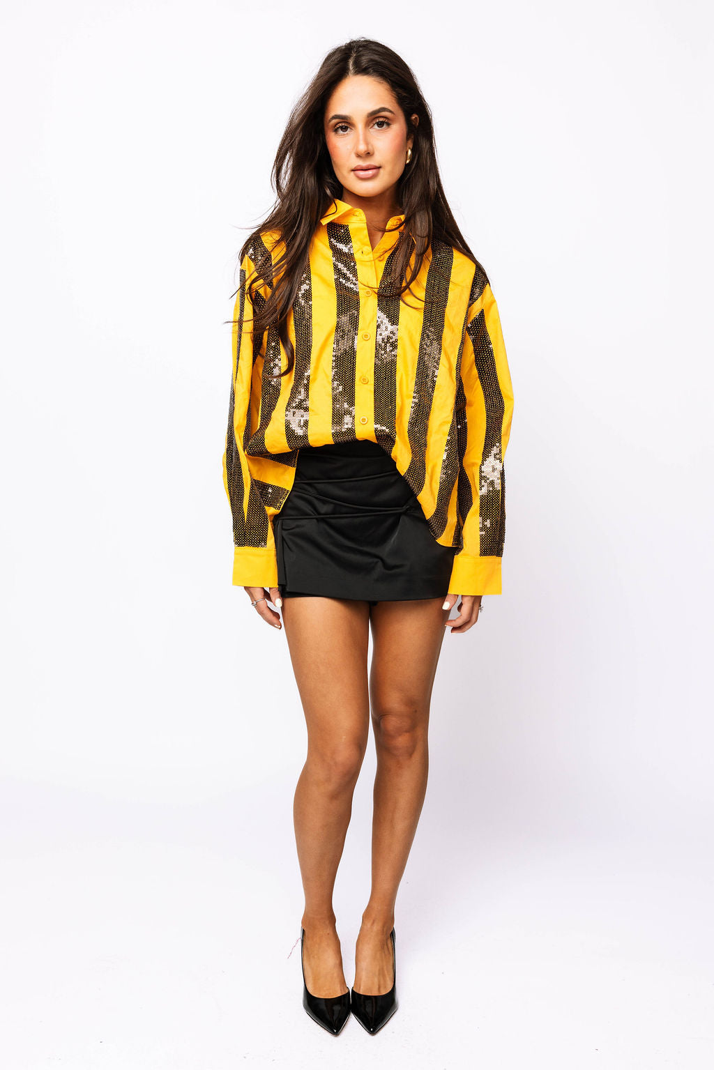 SAMPLE - Black & Yellow Sequin Striped LS Button Down