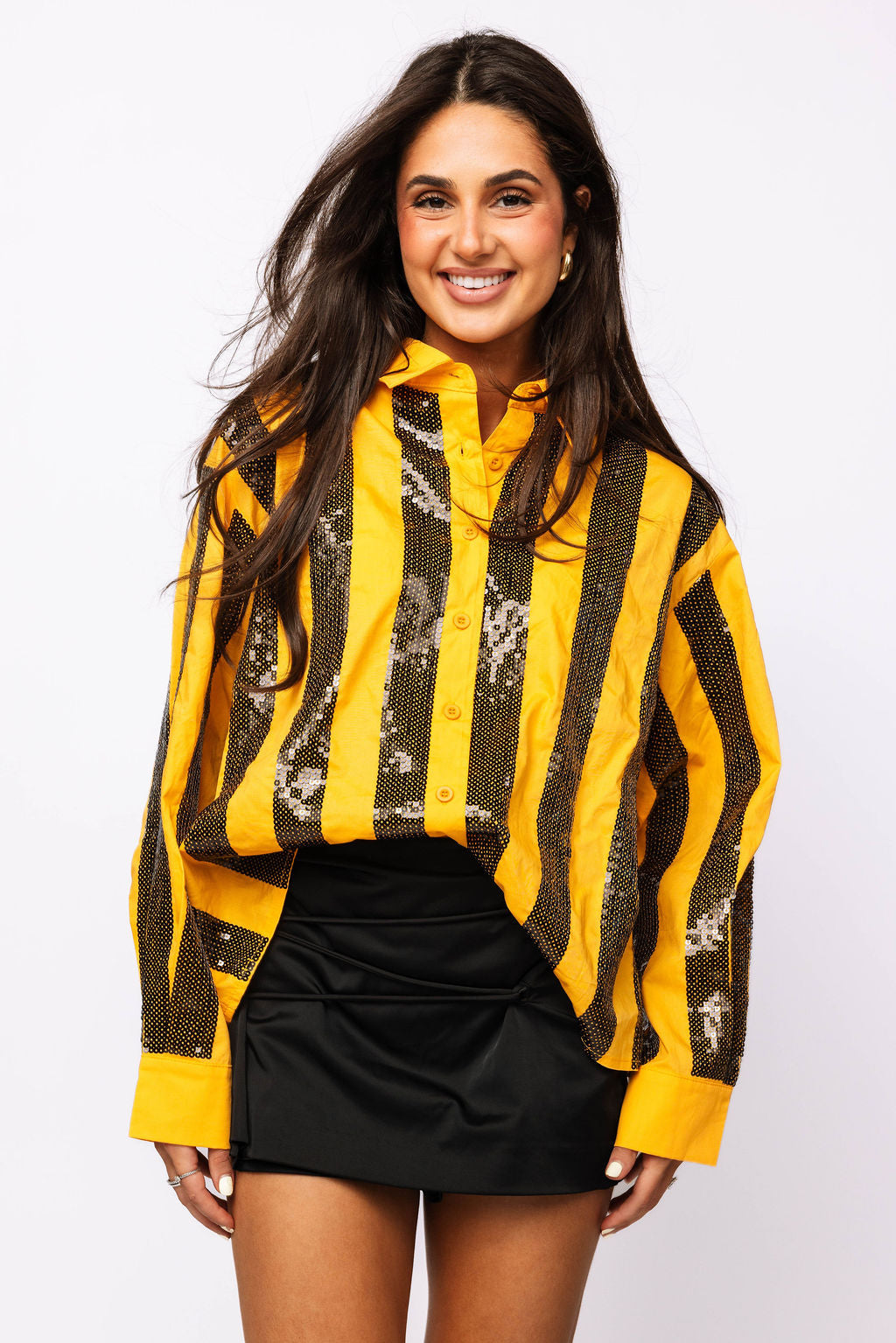 SAMPLE - Black & Yellow Sequin Striped LS Button Down