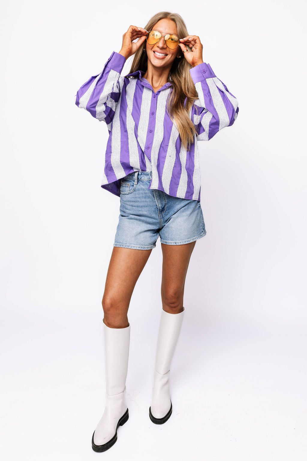 SAMPLE - Purple & White Sequin Striped LS Button Down