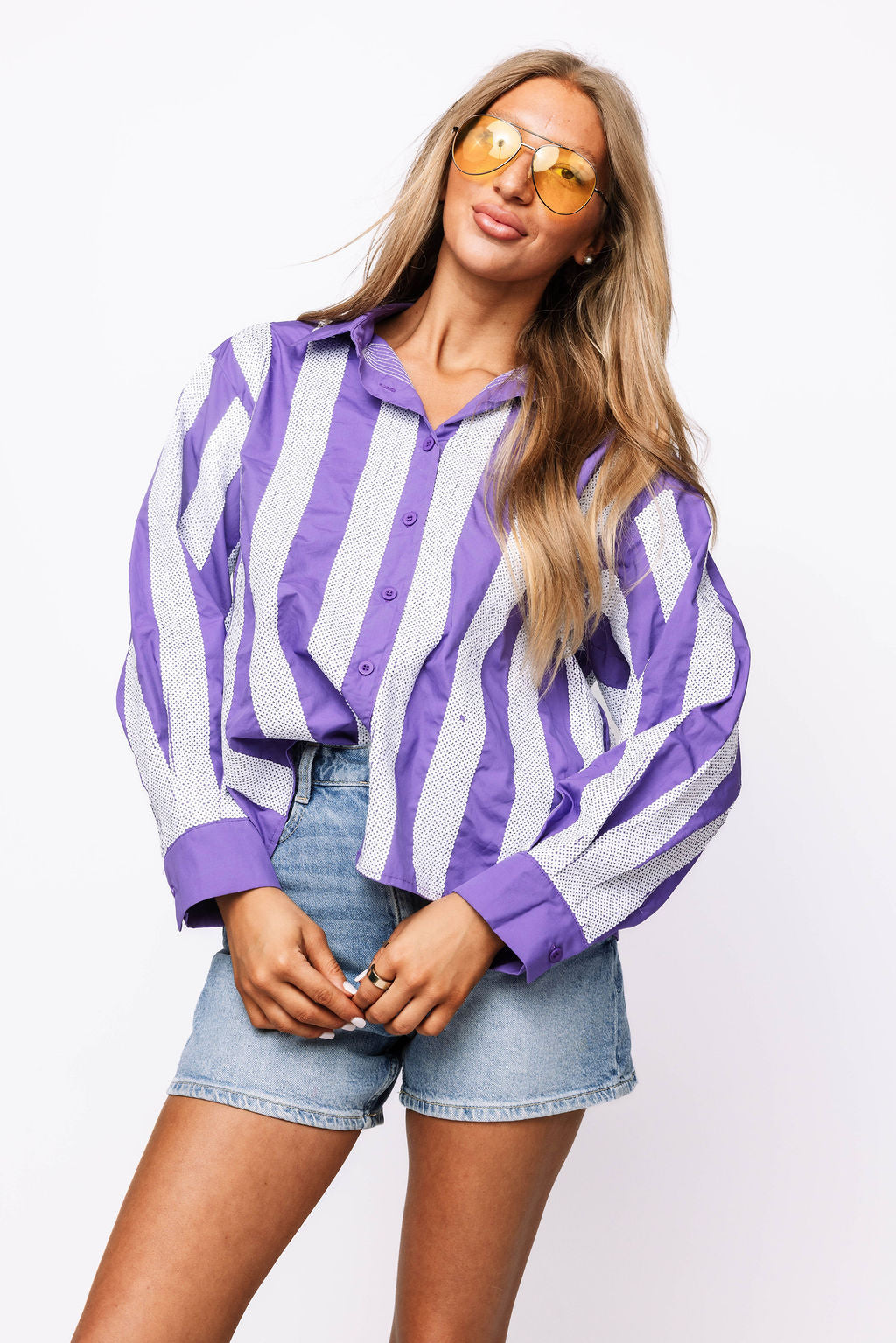 SAMPLE - Purple & White Sequin Striped LS Button Down
