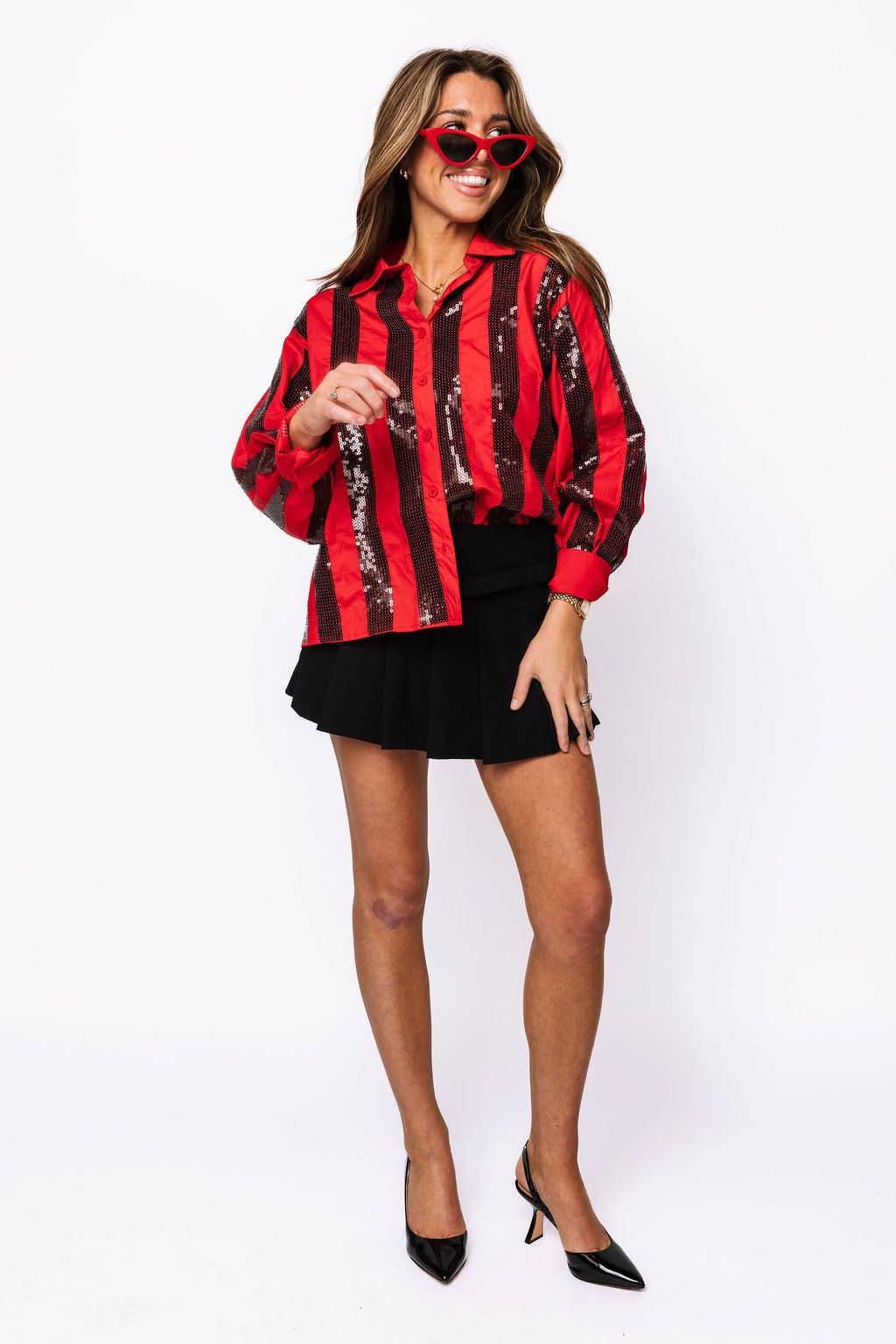 SAMPLE - Red & Black Sequin Striped LS Button Down