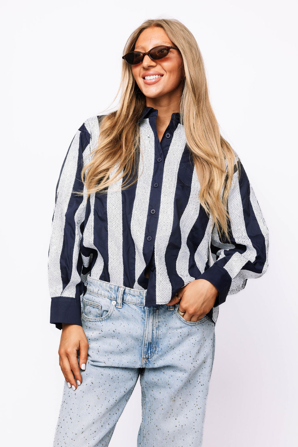 SAMPLE - Navy & White Sequin Striped LS Button Down