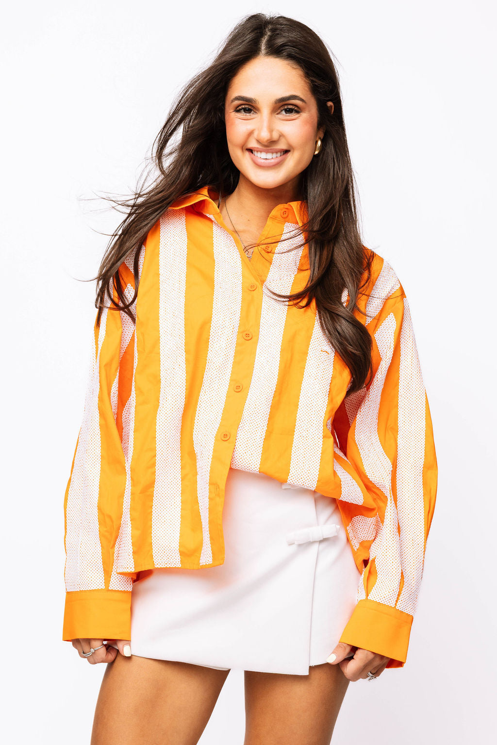 SAMPLE - Bright Orange & White Sequin Striped LS Button Down