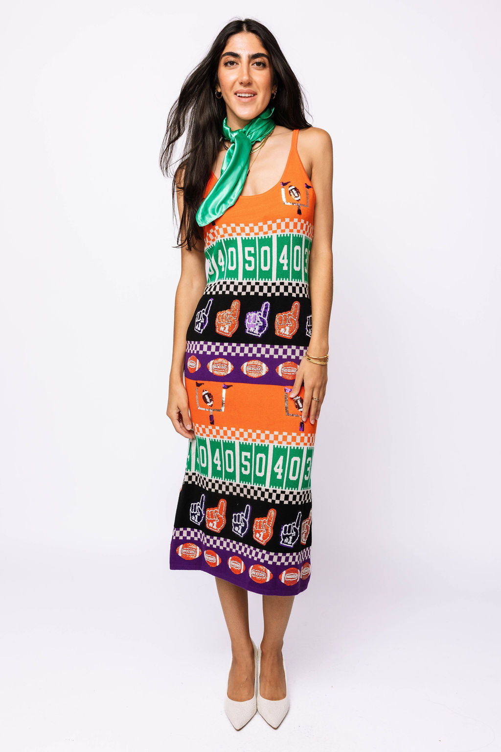 SAMPLE - Purple & Orange Colorblock Football Icon Knit Midi Dress