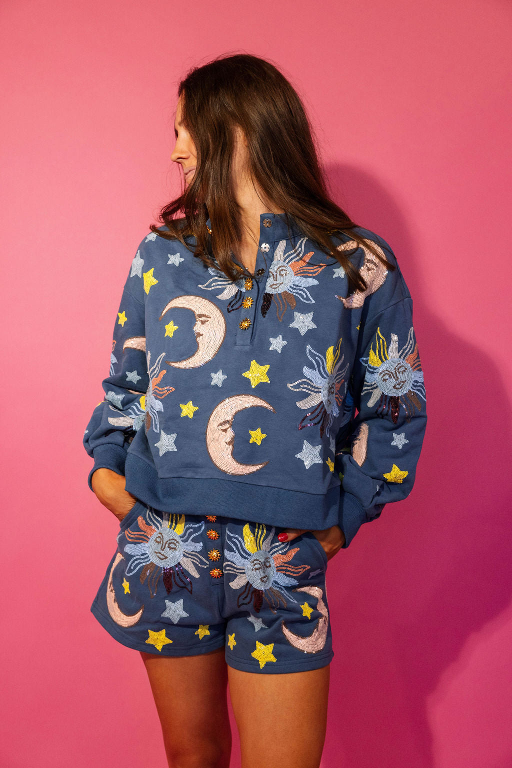 Midnight Blue Stars & Moon Henley Sweatshirt