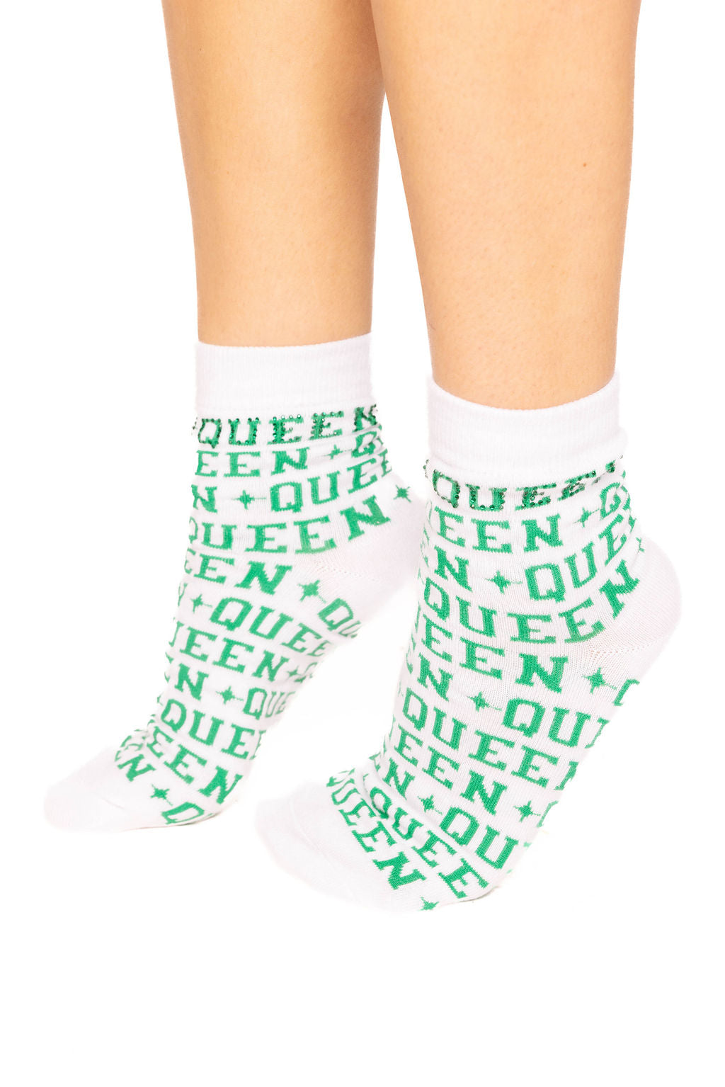 White & Green Rhinestone Queen Socks