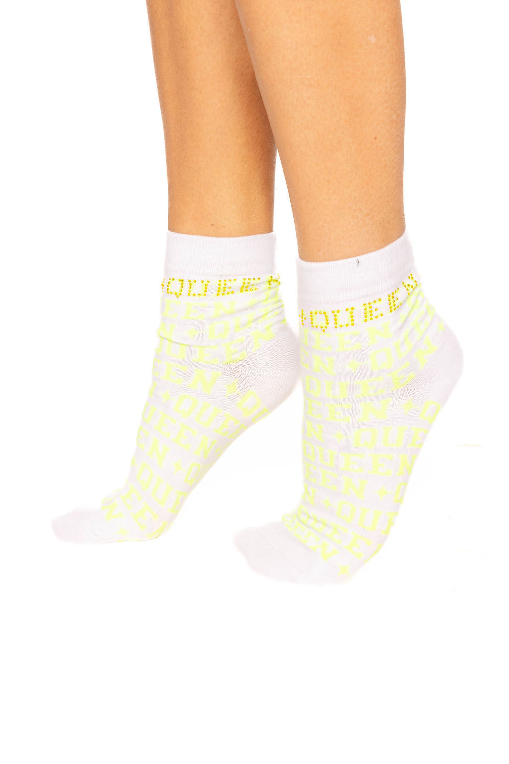 White & Neon Yellow Rhinestone Queen Socks