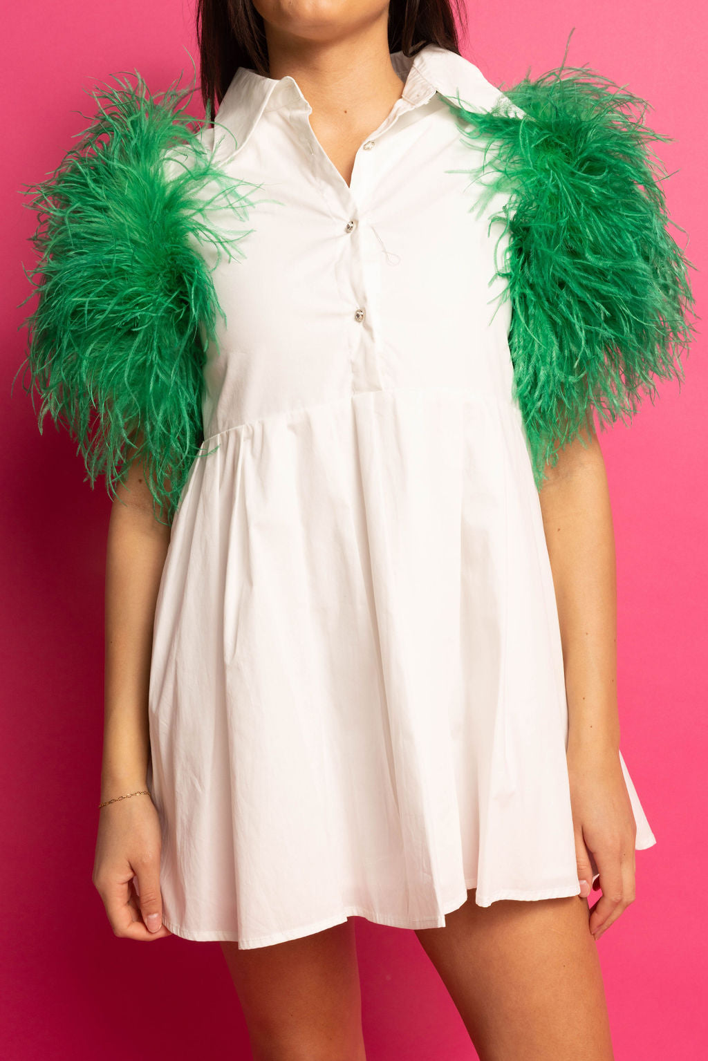 SAMPLE WHITE/GREEN FEATHER POOF SLEEVE DRESS