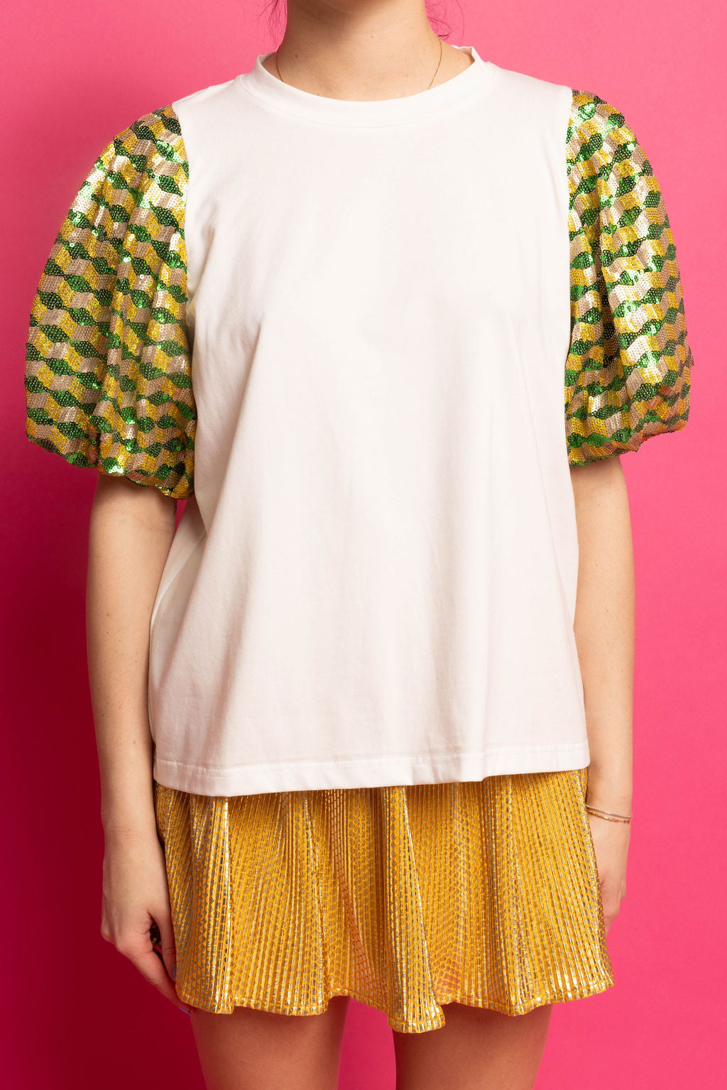 SAMPLE GREEN GEOMETRIC SEQUIN SLEEVE WHITE TEE