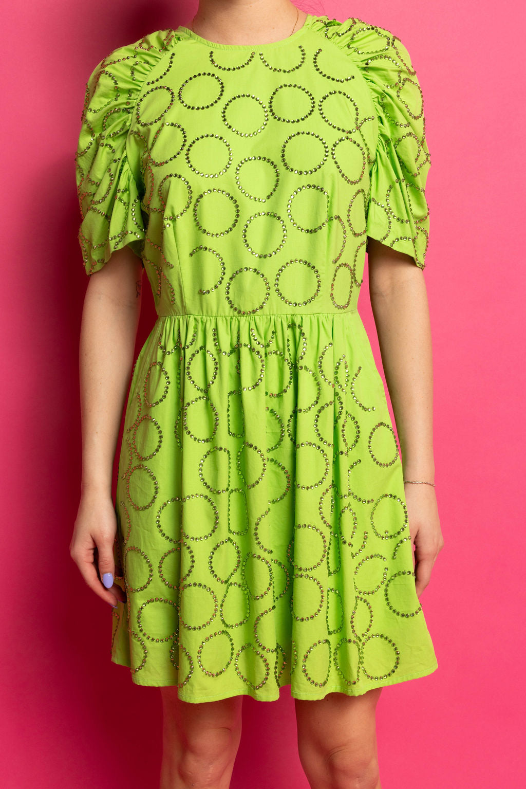 SAMPLE GREEN CIRCLE RHINESTONE POOF SLEEVE DRESS