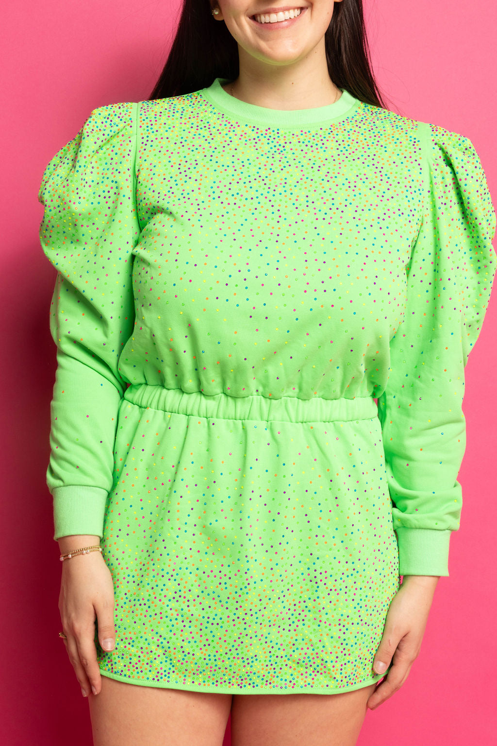 SAMPLE NEON GREEN SCATTER RHINESTONE POOF SLEEVE DRESS