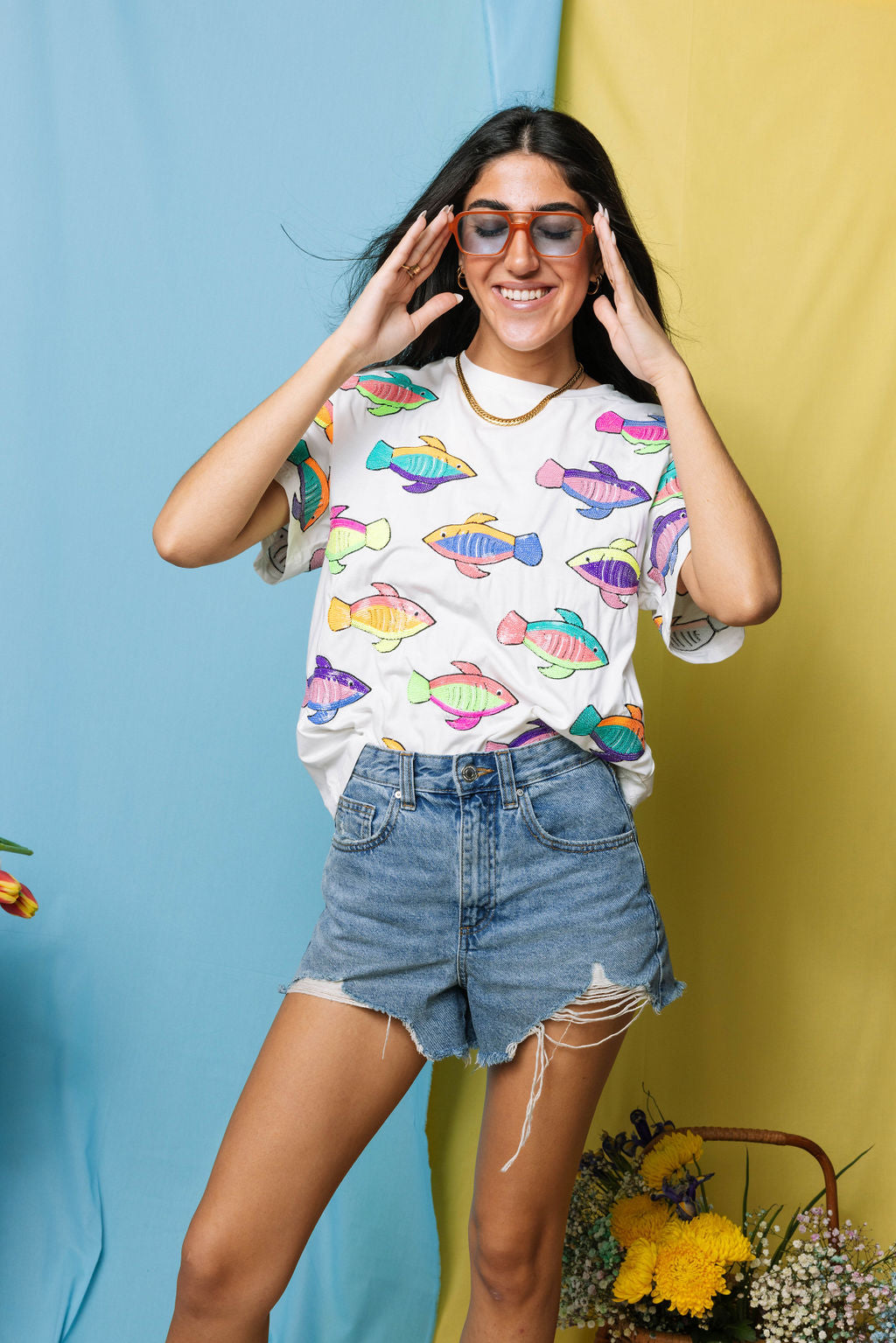 White Neon Scattered Fish Tee