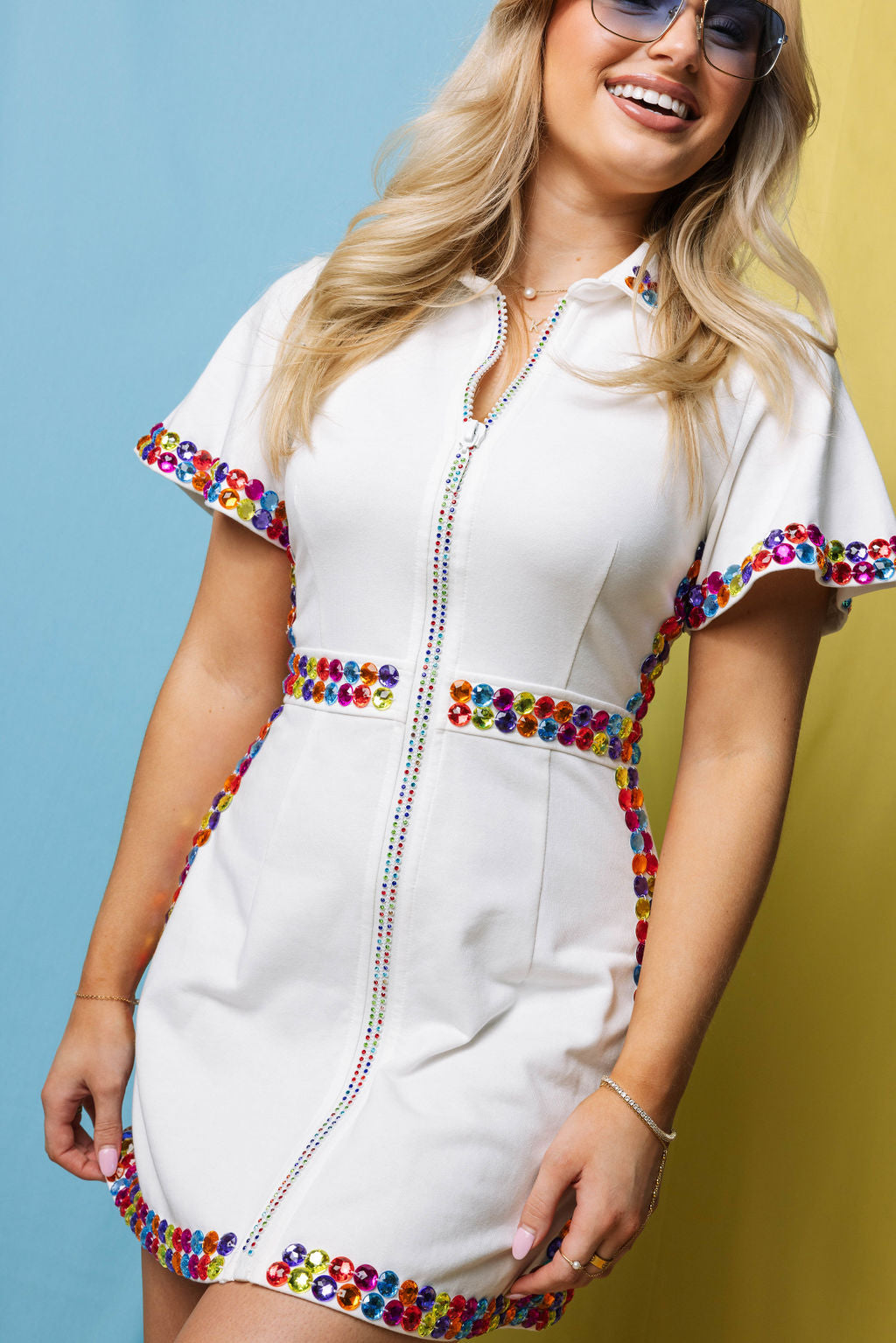 PRE-ORDER: White & Rainbow Jewel Zip Up Dress