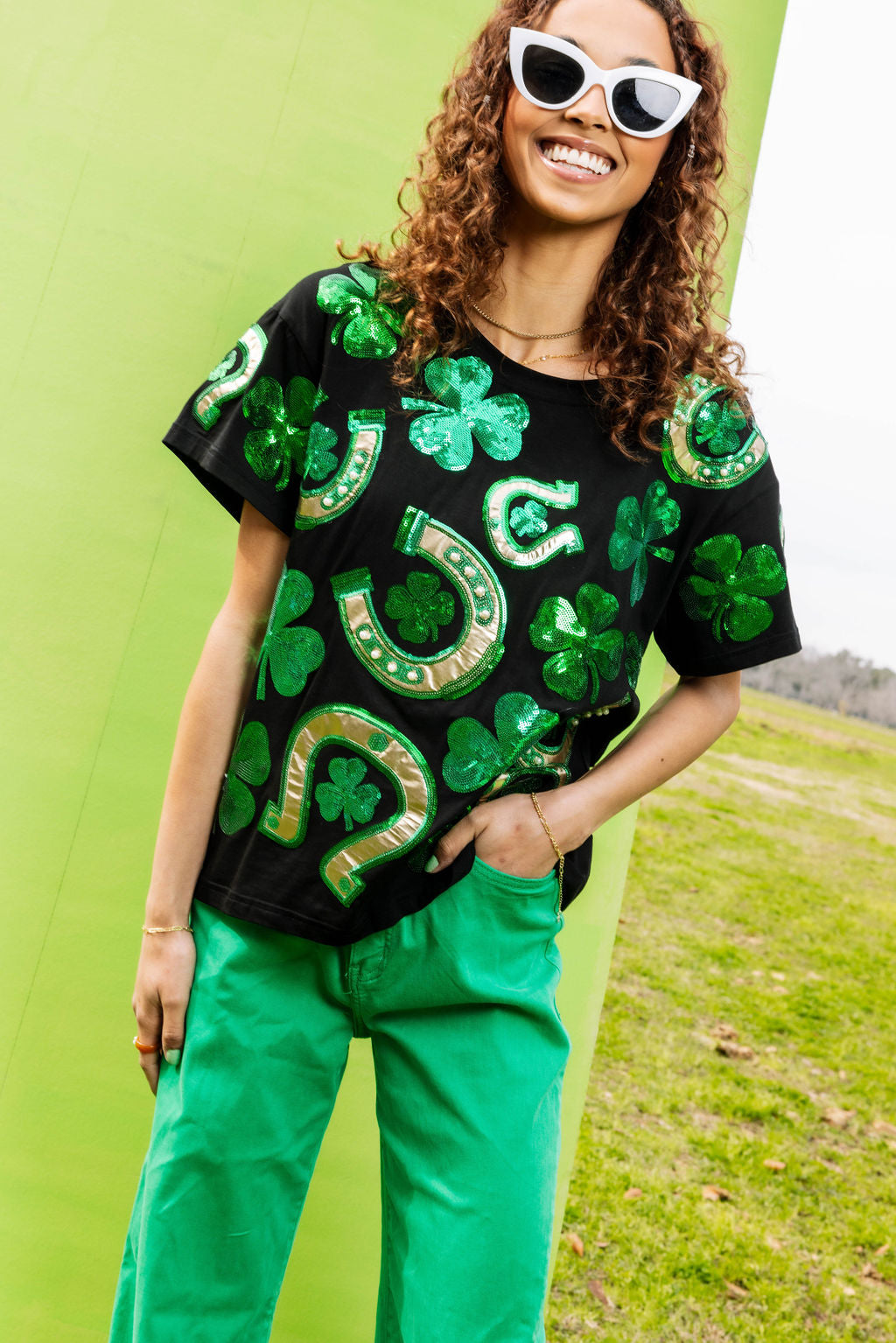 Black & Green Horse Shoe and Clover Tee