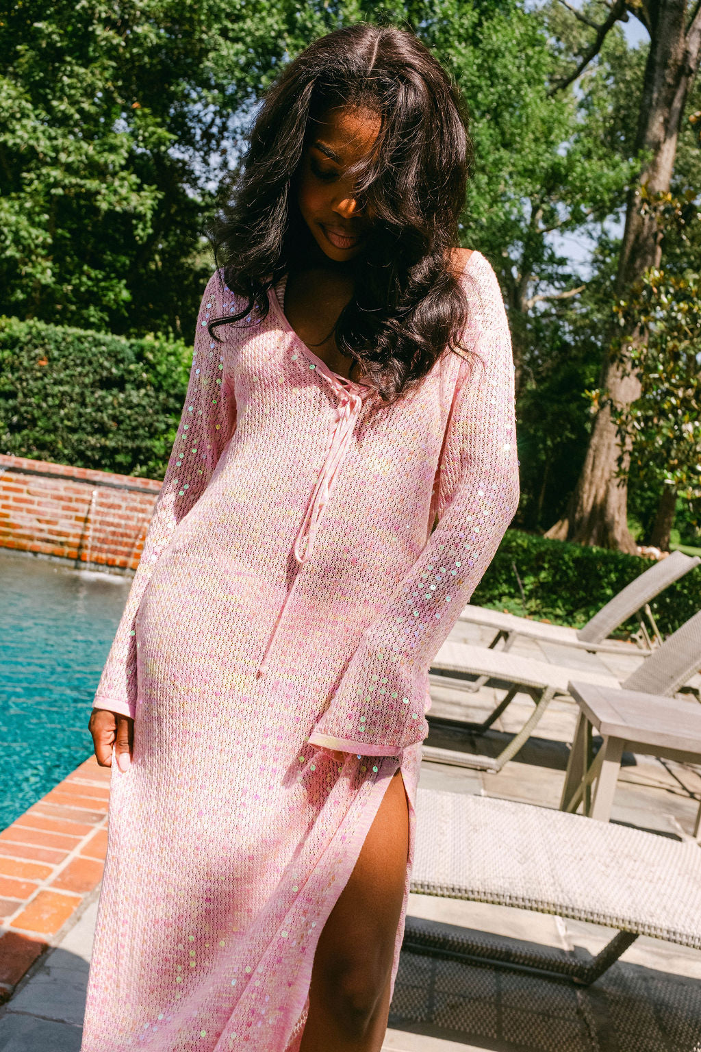 Pink Full Sequin Knit Tie Long Sleeve Midi Coverup Pink Full Sequin Knit Tie Long Sleeve Midi Coverup