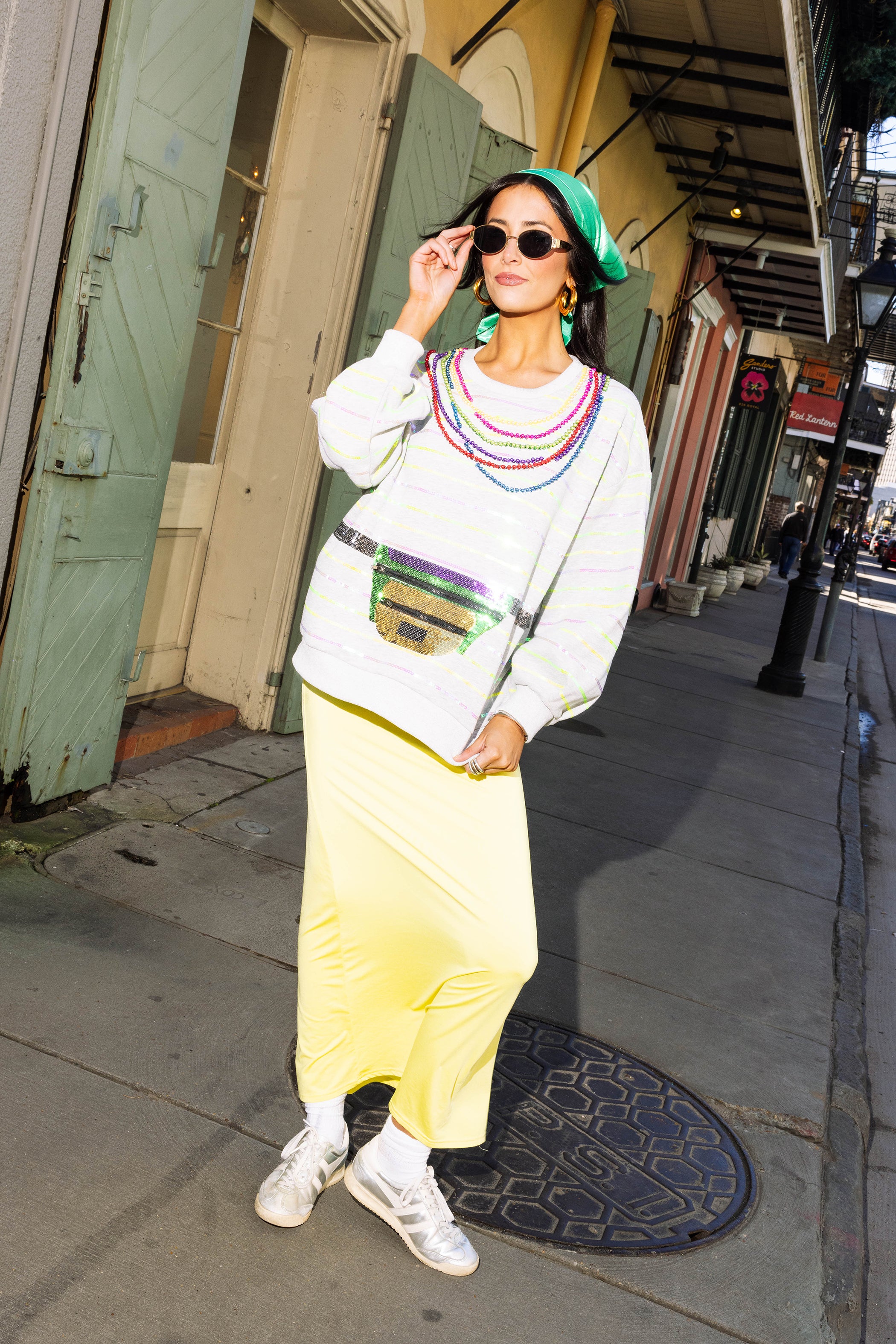 White Oversized Stripe Fanny Pack & Mardi Gras Bead Sweatshirt