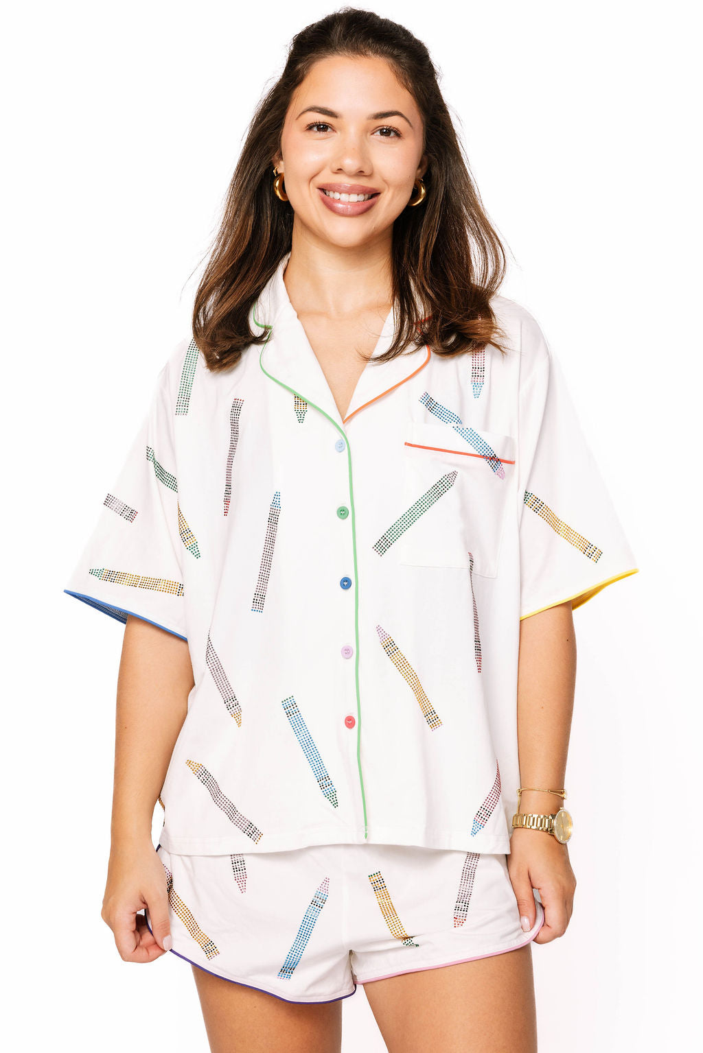 SAMPLE -  White Rainbow Crayon PJ Top and Short Set