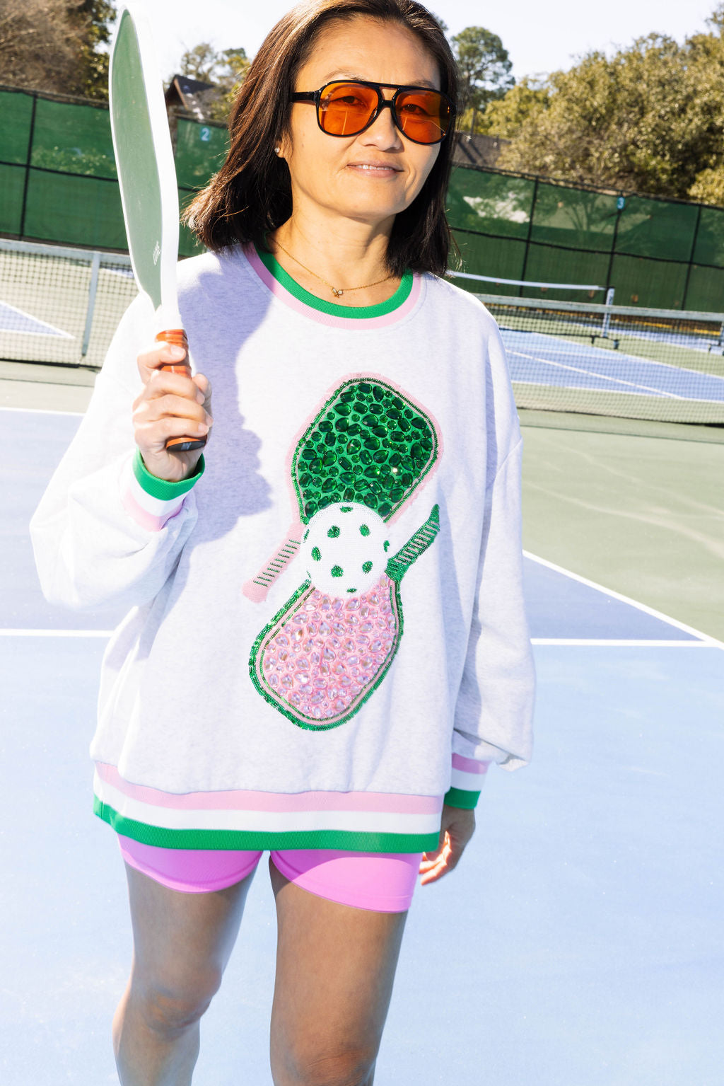 Grey, Green & Pink Jeweled Sport Stripe Pickle Ball Sweatshirt